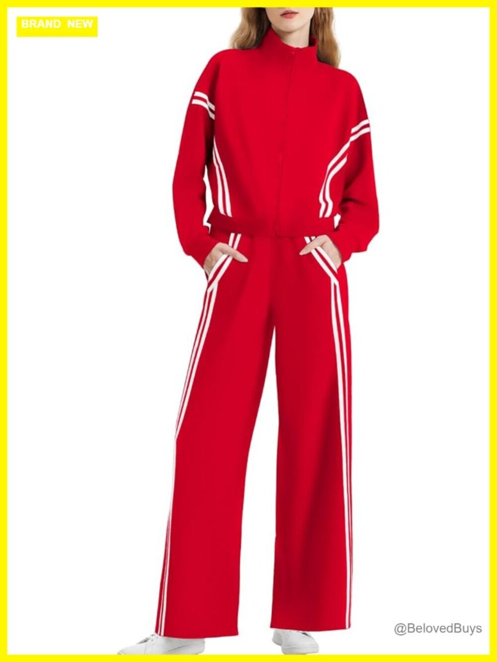 Women's 2 Piece Lounge Sets Zip Up Sweat Set Striped Wide Leg Jogging Pants